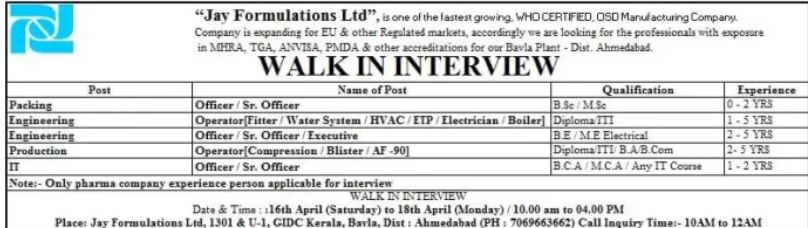 Freshers & Experience Walk-in 18th April 2022 AT Jay Formulations Ltd