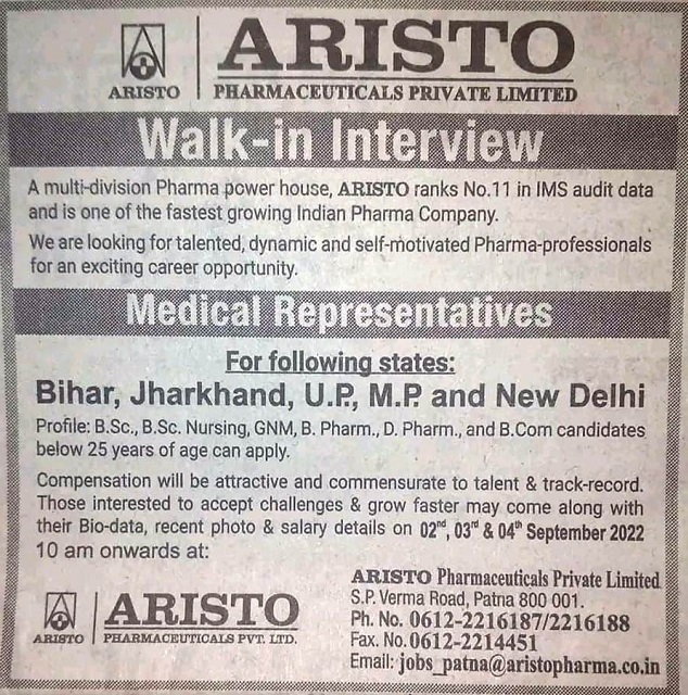 Aristo Pharmaceuticals-Walk-In Interview