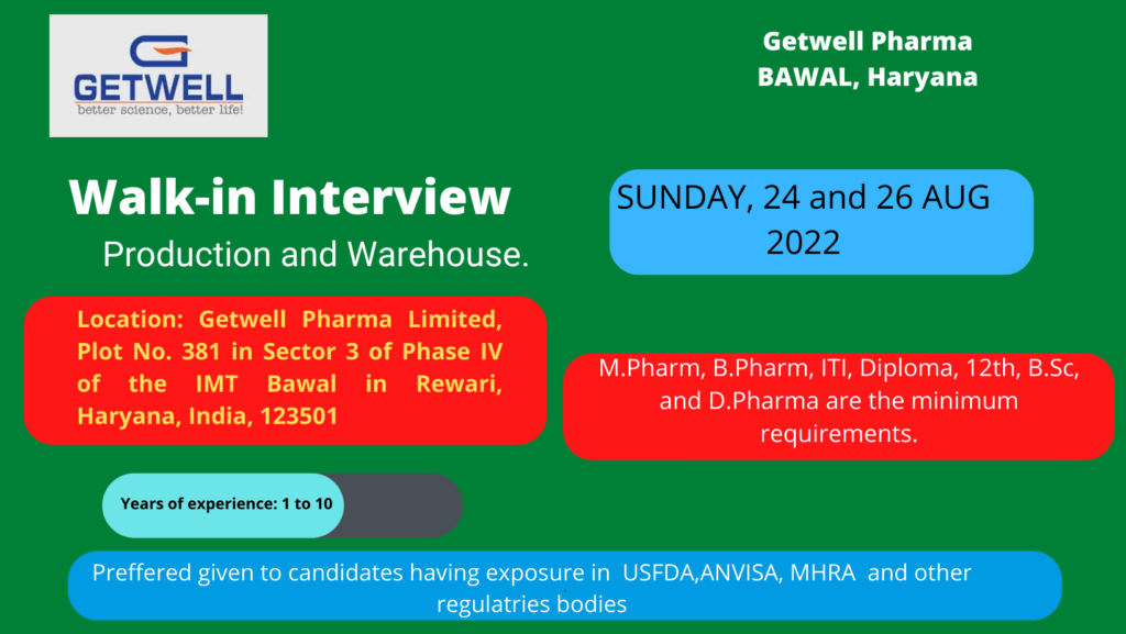 Getwell Pharma Limited walk-in interviews