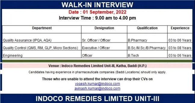 Indoco Remedies Ltd. Walk-In Interviews for QC / QA/ Engineering On 1st Sept 2022