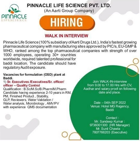 Pinnacle Life Science -Walk-In Interviews for Quality Control