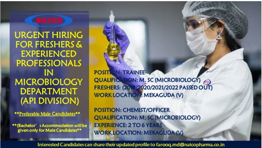Natco Pharma Vacancy for Fresher and Experienced (Microbiology)
