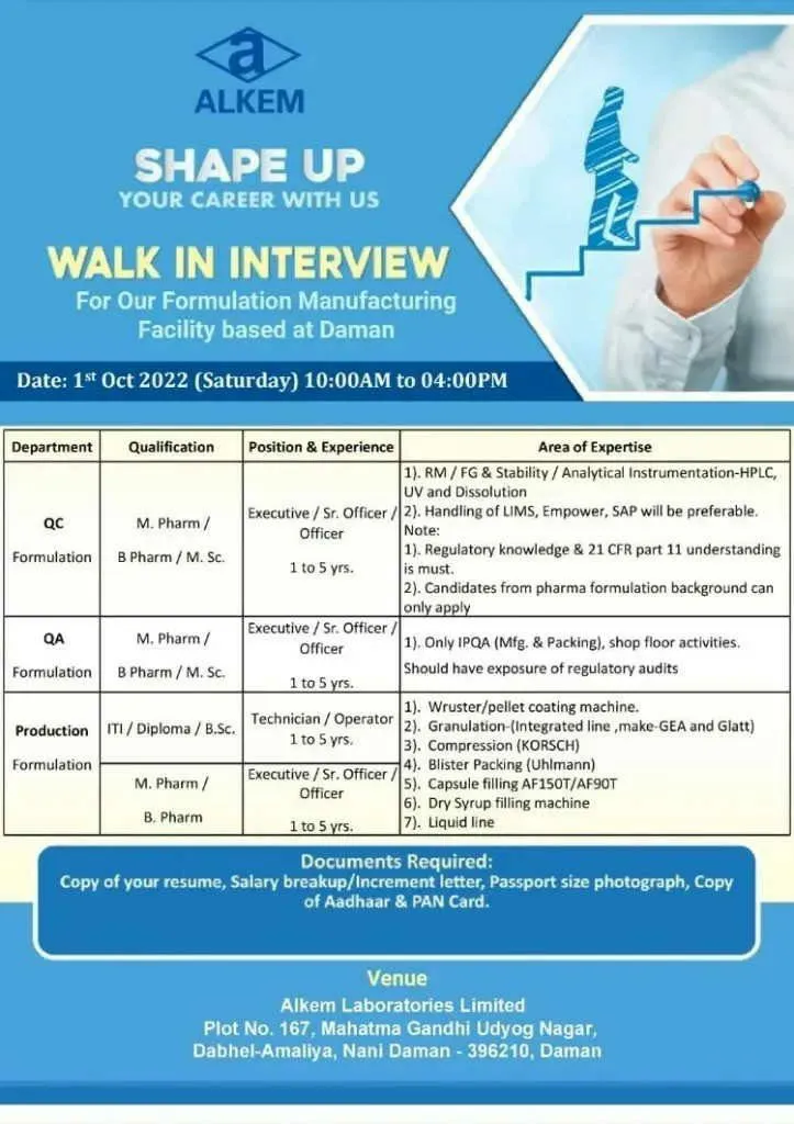 Alkem Laboratories – Walk-in interview for Production, QA, QC on 1st Oct 2022