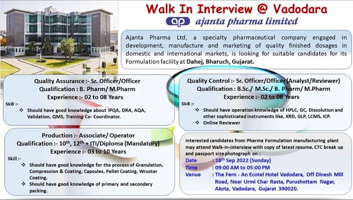 Ajanta Pharma Walk-In-Interview for QC/Production/ QA On 18th Sept 2022