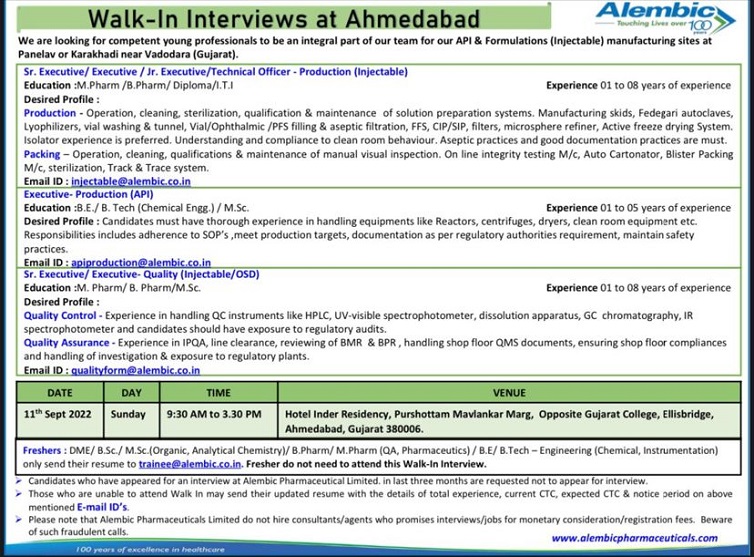 Alembic Pharmaceuticals -Walk-In Interviews On 11th Sept 2022