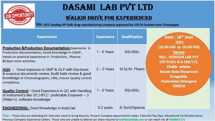 Dasami Labs-Walk-In Drive On 18th Sept 2022