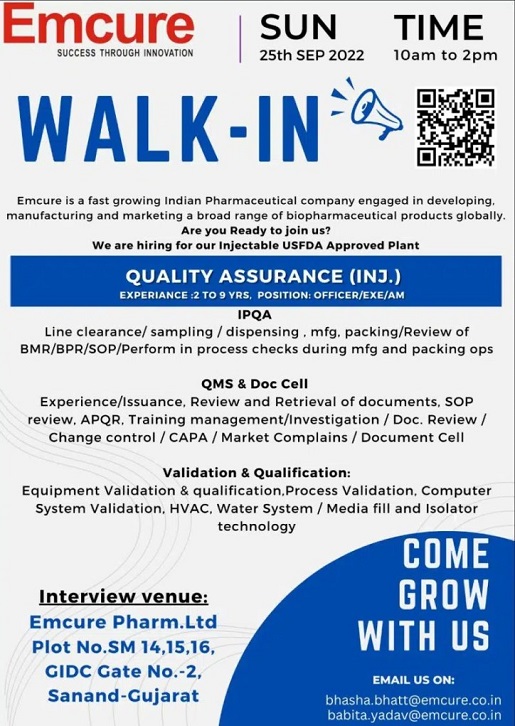 Emcure Pharmaceuticals-Walk-In Interviews for Quality Assurance (Injectable) On 25th Sept 2022