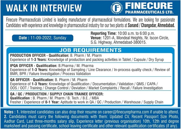 Finecure Pharmaceuticals Walk-In Interview On 11th Sept 2022
