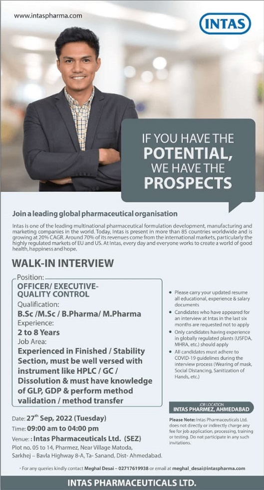Intas Pharmaceuticals Ltd-Walk-In Drive for Quality Control Department On 27th September 2022