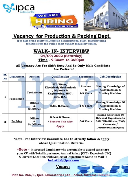 Ipca Laboratories Ltd- Walk-In Interview for Production/ Packing On 24th September 2022