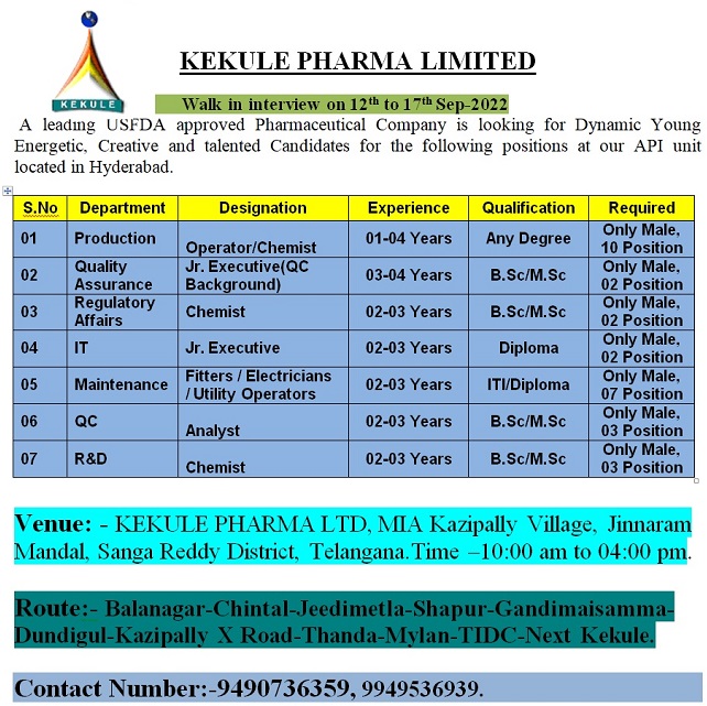 Kekule Pharma Walk-Ins On 13th to 17th Sept’ 2022