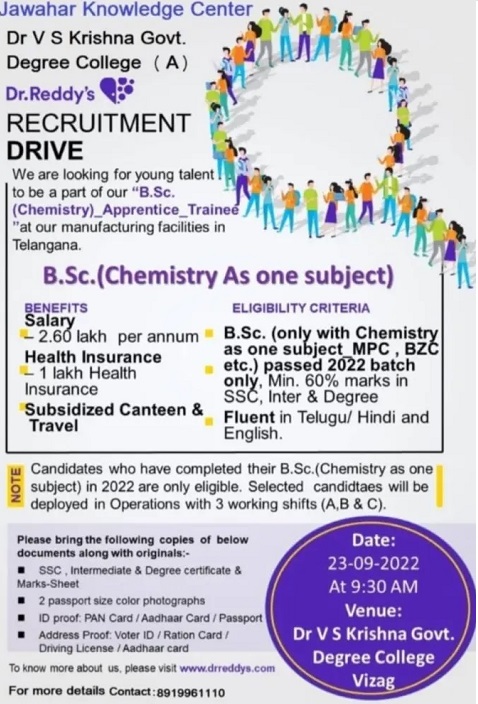 Dr. Reddy’s Laboratories Ltd.-Walk-In Interview for Freshers On 23rd Sept’ 2022