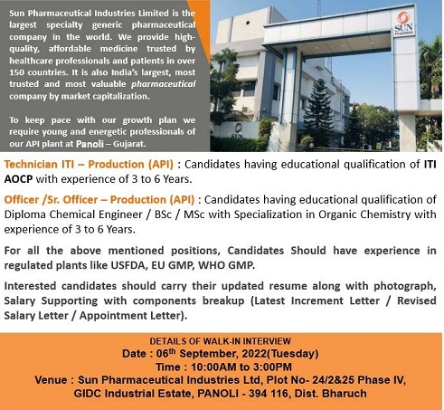 Sun Pharmaceuticals Pvt. Ltd Walk-In Interviews for Production On 6th Sept’ 2022