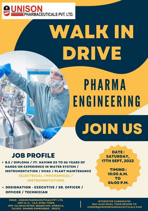 Unison Pharmaceuticals Pvt. Ltd.-Engineering Walk-In Interview On September 17th, 2022