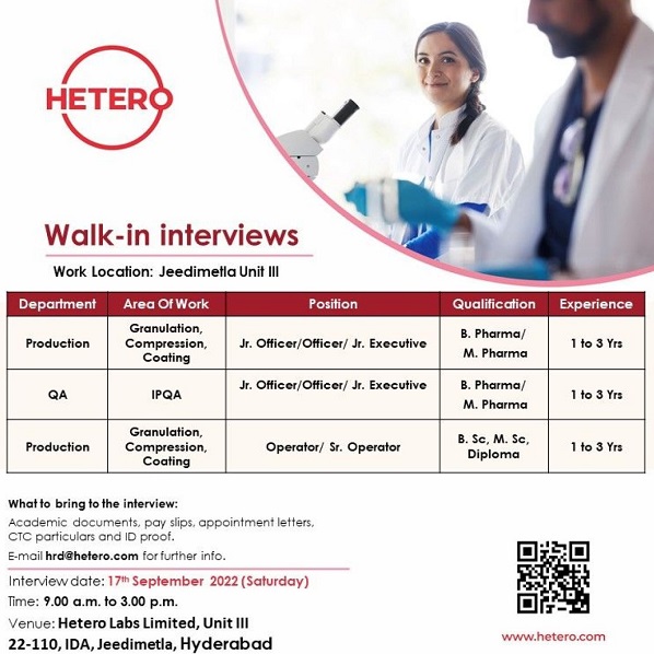Hetero Labs Walk-In Interviews for QA/ Production On 17th Sept 2022