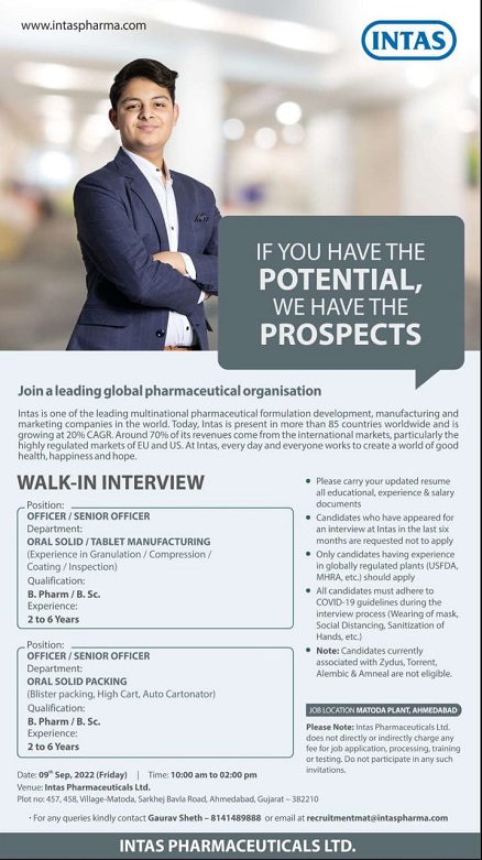 9th Sept’ 2022; Intas Pharmaceuticals Ltd-Walk-In Drive for Manufacturing/ Packaging Department