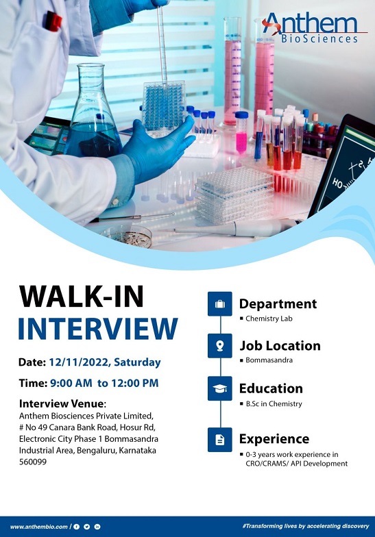 Anthem Biosciences Pvt. Ltd-Walk-In Interview for Freshers & Experienced in Chemistry Lab On 12th Nov 2022