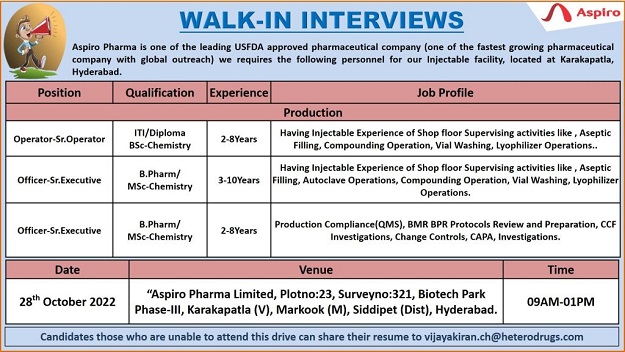 Aspiro Pharma -Walk-In Interviews for Production Department On 28th Oct 2022