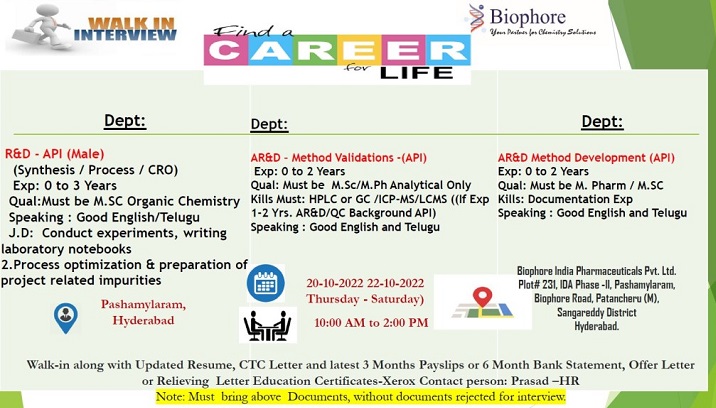 Biophore India Pharmaceuticals -Walk-In Interview for Freshers & Experienced in R&D/ AR&D On 21st & 22nd Oct 2022