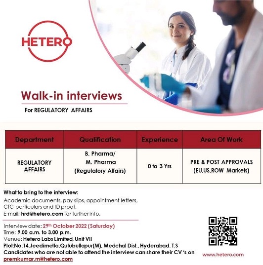Hetero-Walk-In Interviews for Freshers & Experienced in Regulatory Affairs Department On 29th Oct 2022