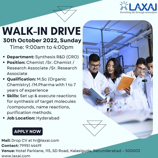 Laxai Life Sciences -Walk-In Interviews for Synthesis R&D (CRO) 30th Oct 2022