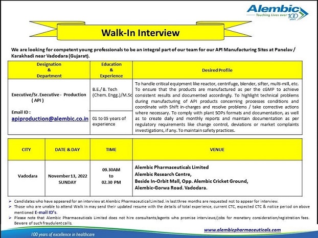 Alembic Pharmaceuticals Ltd-Walk-In Interviews for Production On 13th Nov’ 2022