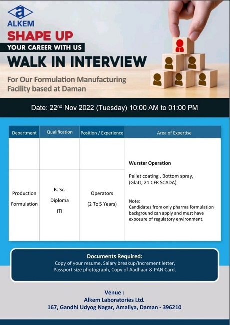 Alkem Laboratories Ltd -Walk-In Interviews for Production On 22nd Nov 2022