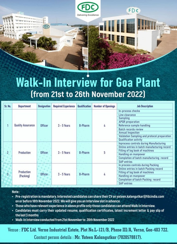 FDC Limited-Walk-In Interview for Quality Assurance/ Production/ Packing On 21st to 26th Nov 2022