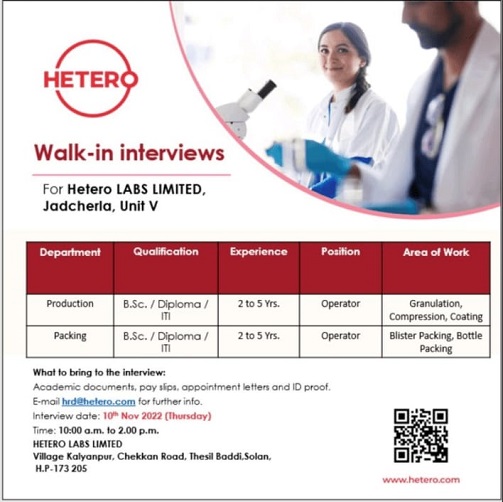 Hetero Labs Limited-Walk-In Interviews for Production/ Packing Departments On 10th Nov 2022