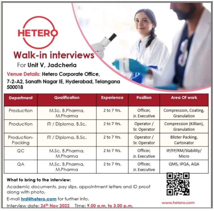 Hetero Labs Limited – Walk-In Interviews for Production / Packing / QC / QA Departments on 26th Nov 2022