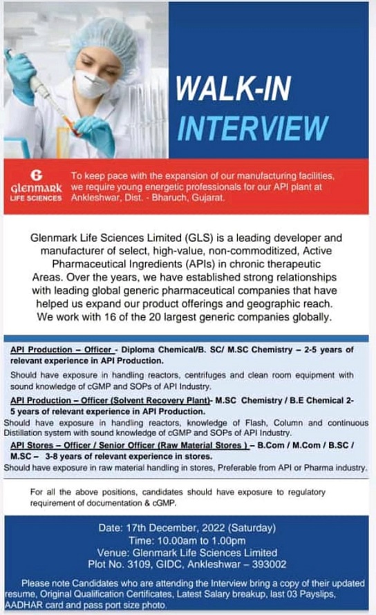 Glenmark Walk-In Interview for Production/ Stores On 17th Dec’ 2022