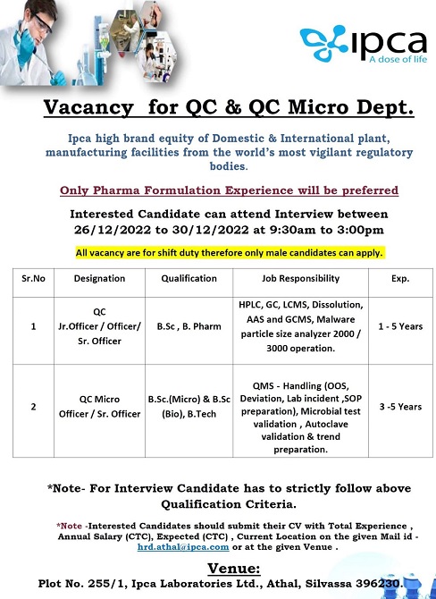 Ipca Laboratories Walk-In Interview for Freshers & Experienced in QC/ QC-Micro On 26th to 30th Dec’ 2022