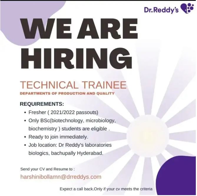 Dr. Reddy’s is Inviting applications for Freshers for the Production/Quality departments