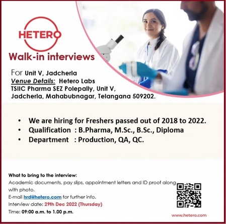 Hetero Labs Limited-Walk-In Interviews for Freshers in Production/ QA/ QC On 29th Dec 2022