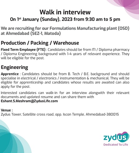 Zydus -Walk-In Interviews for Production/ Packing/ Warehouse/ Engineering On 1st Jan’ 2023