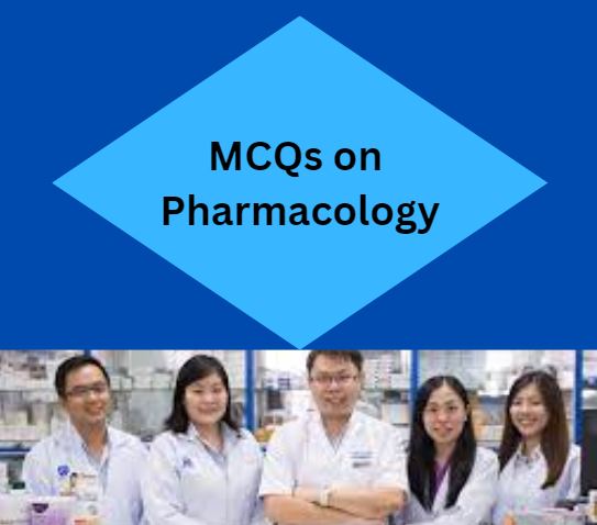 MCQs on Pharmacology image contains main topic description and pharmacy students in row