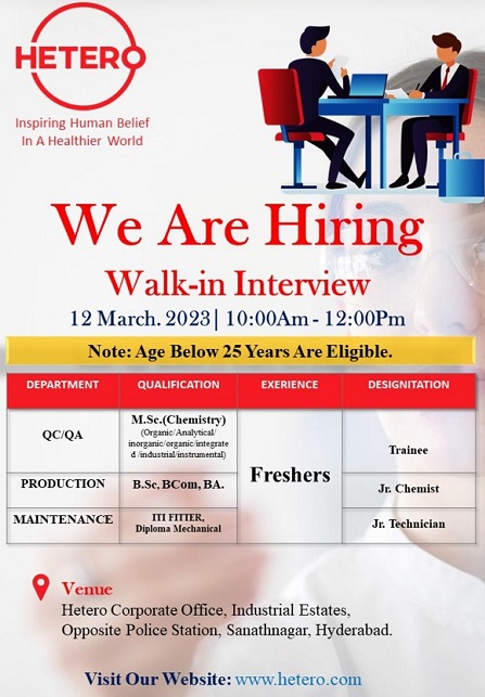 Hetero Labs Limited-Walk-In Interviews for Freshers in Production/ QA/ QC/ Maintenance On 12th Mar’ 2023