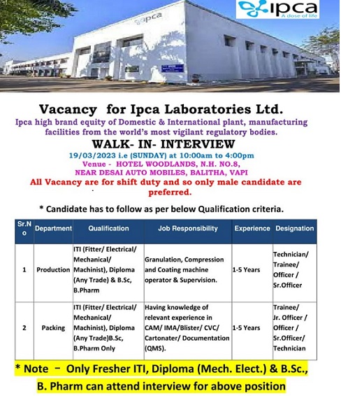Ipca Laboratories Ltd- Walk-In Interviews for Freshers & Experienced On 19th March 2023