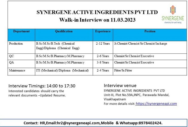 Synergene Active Ingredients Private Limited – Walk-In Interview for QA/ QC/ Production/ Maintenance On 11th Mar’ 2023