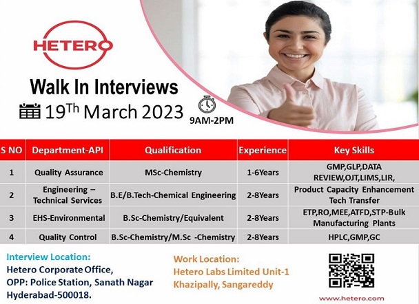 Hetero Labs Walk-In Interviews for Freshers in Production/ QA/ QC/ Maintenance On 19th March 2023