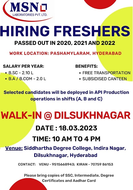 MSN Laboratories Walk-In Drive for Freshers in Production Dept. On 18th March 2023