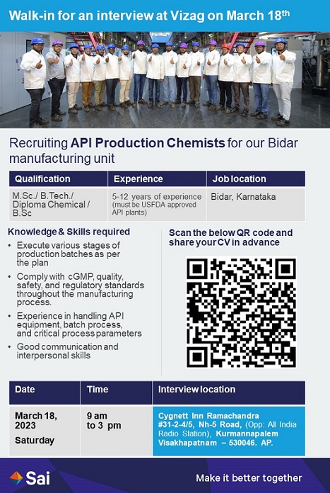 Sai Life Sciences Limited- Walk-In Interview for Production-Chemists On 18th Mar’ 2023