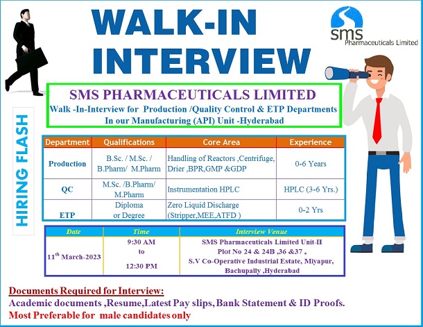 SMS Pharmaceuticals Ltd Walk-In interview for Freshers & Experienced On 11th Mar’ 2023