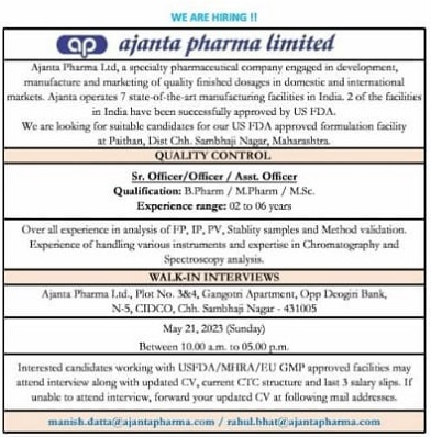 Ajanta Pharma Ltd; Walk-In Interview for B.Pharm/ M.Pharm/ M.Sc for Quality Control On 21st May 2023