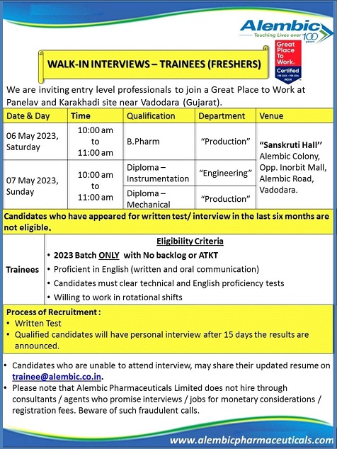 Alembic Pharmaceuticals Ltd-Walk-In Interviews for Freshers On 6th & 7th May 2023