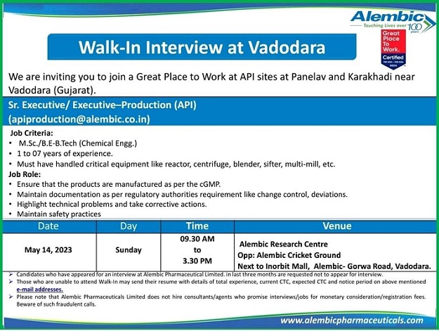 Alembic Pharmaceuticals Ltd | Walk-In Interviews for API Production On 14th May 2023