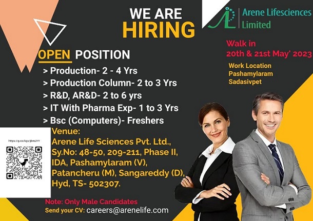Arene Lifesciences Limited; Walk-In Interviews for Freshers & Experienced in Production / R&D/ AR&D/ IT On 20th & 21st May 2023