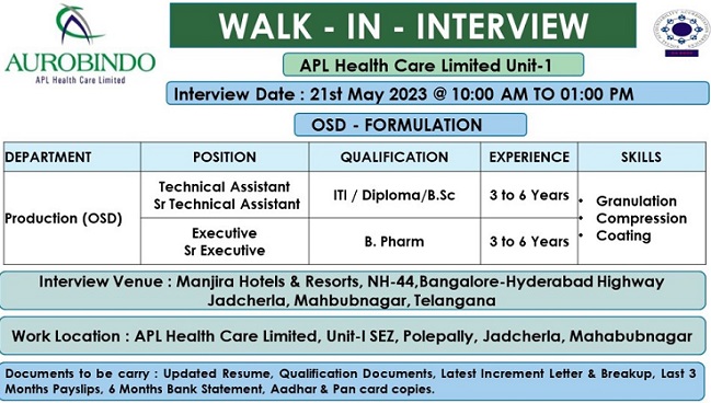 Aurobindo Pharma; Walk-In Interviews for Production (OSD) On 21st May 2023