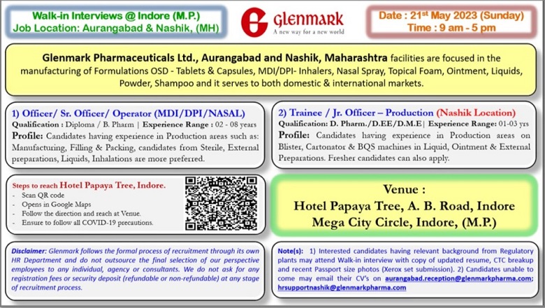 Glenmark Pharmaceuticals Walk-In Interviews for Production & Quality Sections/ Maintenance On 21st May 2023