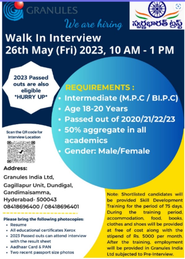 Granules India Ltd; Walk-In Drive for FRESHERS & Experience on 26th May’ 2023